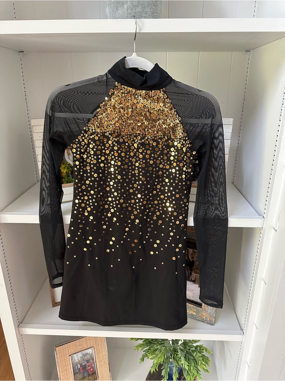 Small Adult Black Mesh Long Sleeve Dance Costume with Gold Sequin Detail